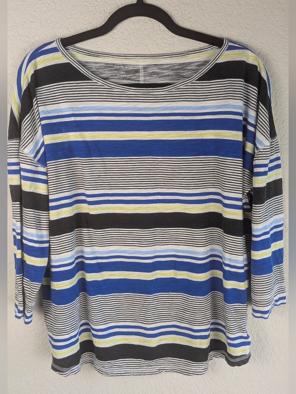 T By Talbots 100% Cotton Knit Shirt XL 3/4 Length Sleeves Boat Neck Stripes Chic